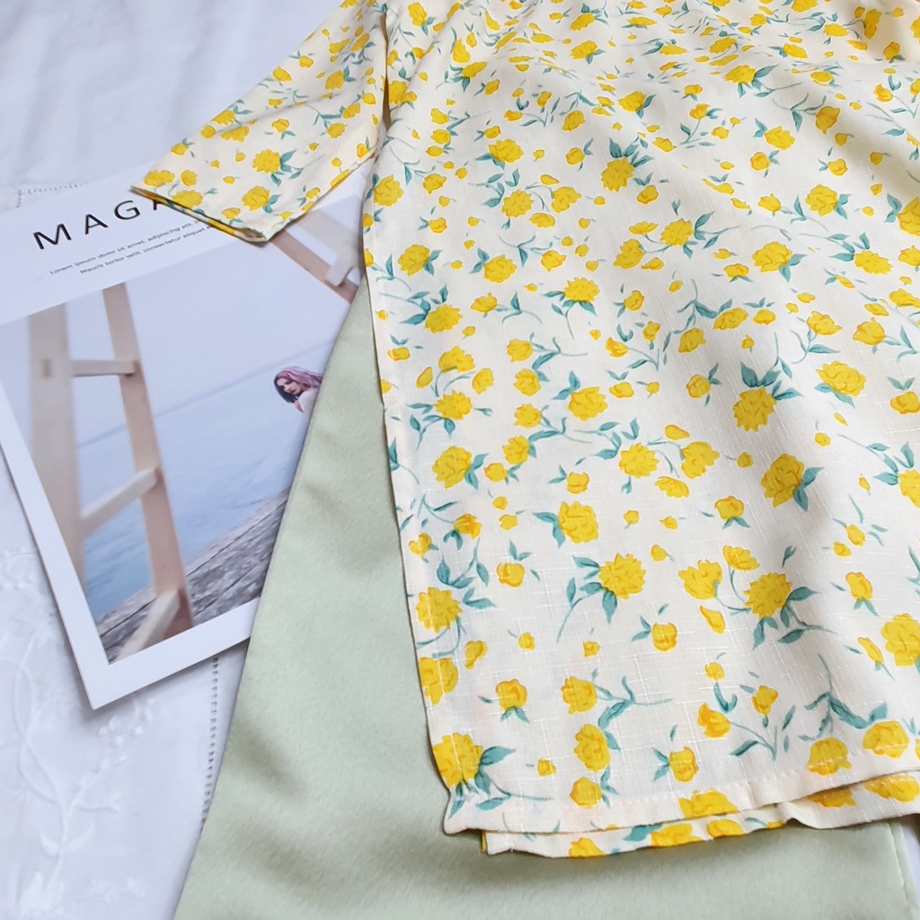 Set Áo Dài Hoa Nhí Cho Mẹ và Bé Gái Hạ Vy Hoa Đỏ MON