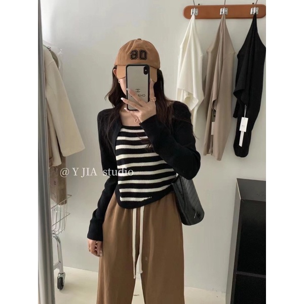 NZN Áo Len Tay Dài Cổ Vuông Giả Hai Lớp Họa Tiết Kẻ Sọc Màu Tương Phản Phong Cách retro Hàn Quốc Dành Cho Bạn Nữ