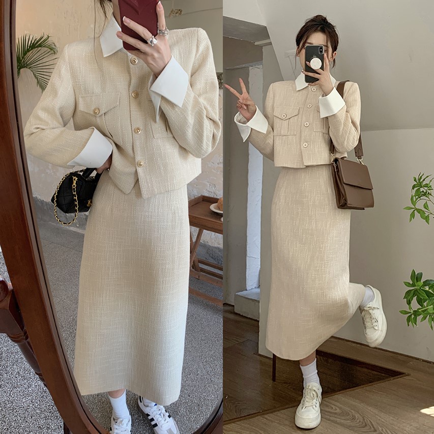 [sẵn] Set Áo Váy Dạ Tweed Màu Vàng Be Siêu Sang Chảnh Có Ảnh Thật AC053