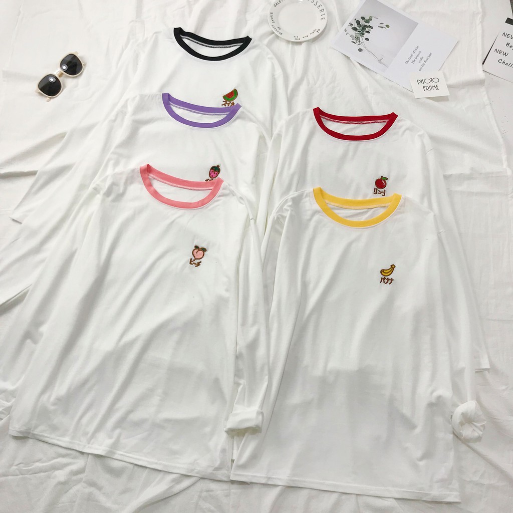 Áo thun SUXI cổ tròn dáng rộng thêu hình trái cây xinh xắn cho nữ