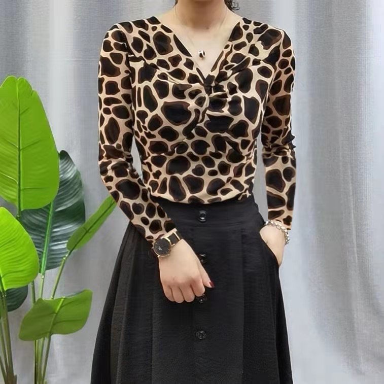 Sản phẩm mới thời trang phong cách phương tây đầu mùa thu áo thun dài tay họa tiết da báo thiết kế áo sơ mi thắt nút mới