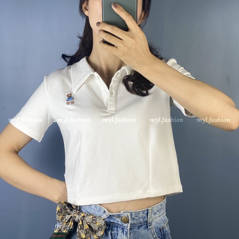 Áo thun croptop myl.fashion, áo kiểu croptop có cổ cộc tay thêu hình gấu | BigBuy360 - bigbuy360.vn