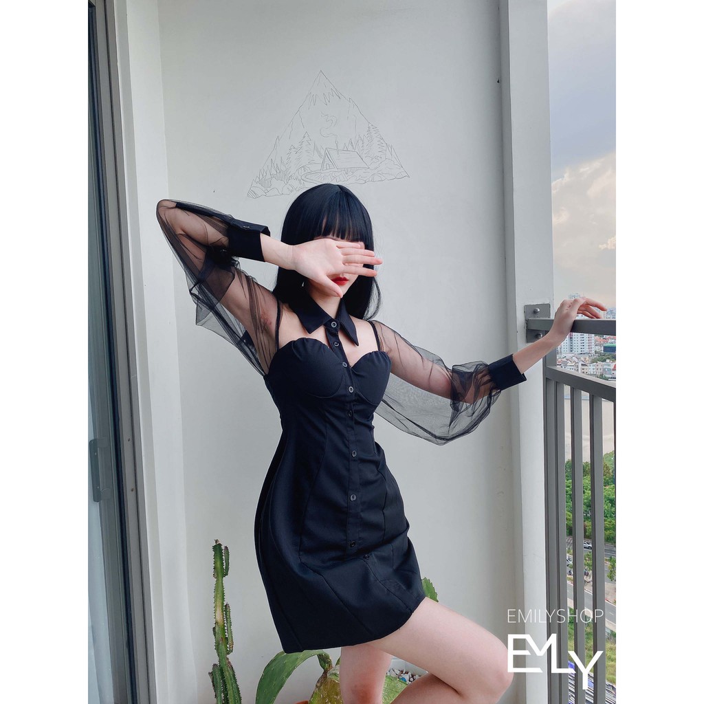 Đầm đen nữ Emilyshop dáng chữ a tay lưới