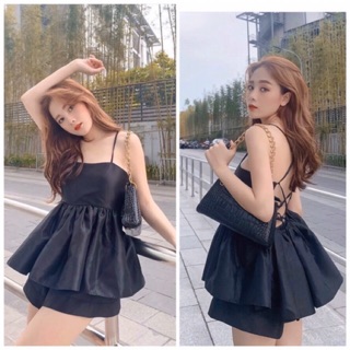 Set áo babydoll đen 2s đan dây lưng + quần short