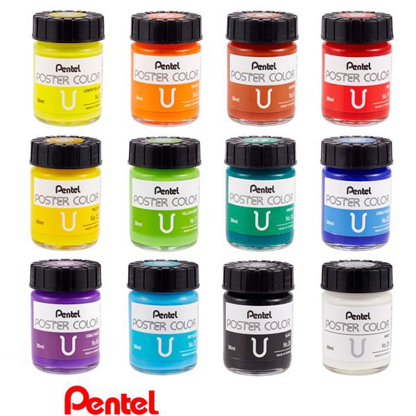 [TẶNG KÈM GIẤY VẼ] Bộ 12 màu bột PENTEL Poster Color 30ml lọ thuỷ tinh