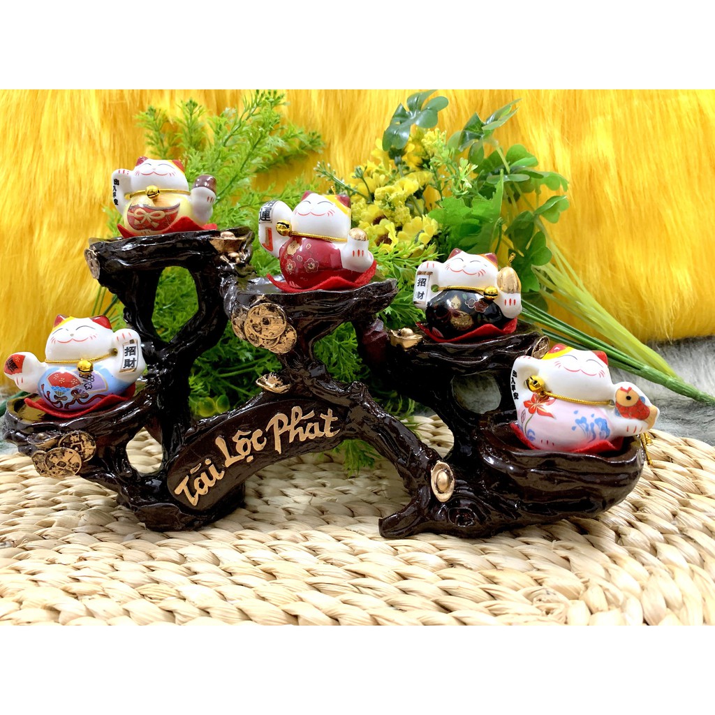 Tượng Mèo Sứ Ngồi Thần Tài Maneki Neko và đế Tài Lộc Phát ( Việt Nhật )