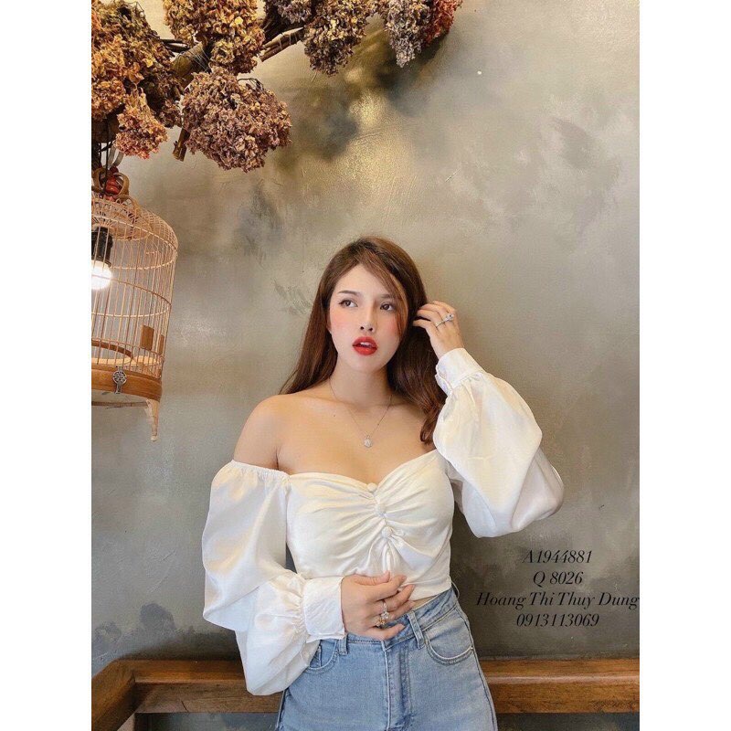 Áo Kiểu Nút Phi Bóng Trễ Vai Nhún Ngực Tay Dài