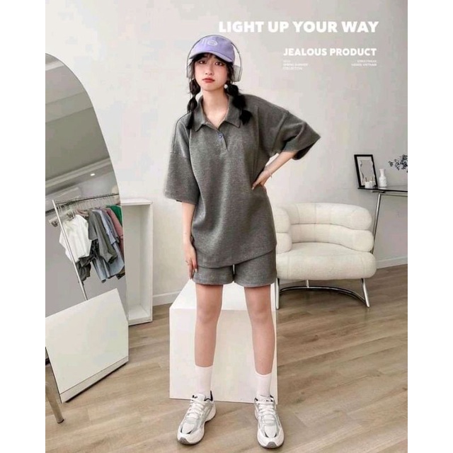Bộ đồ màu xám form rộng unisex, áo thun tay lỡ cổ polo chất vải thun gân kiểu dáng hàn quốc