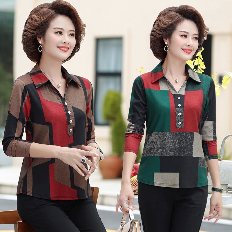 ✖Mẹ mùa xuân và thu quần áo dưới cùng sơ mi dài tay thun 40 tuổi phụ nữ trung niên cao rộng rãi kết hợp tất cả các nhỏ k