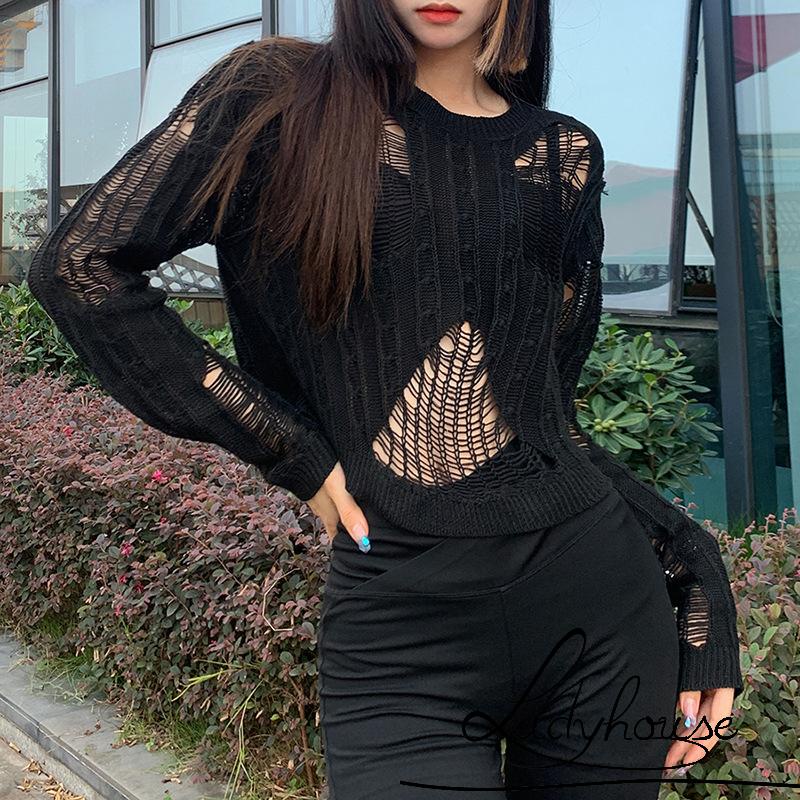 Áo Croptop Dệt Kim Tay Dài Cổ Tròn Màu Sắc Đơn Giản Cho Nữ