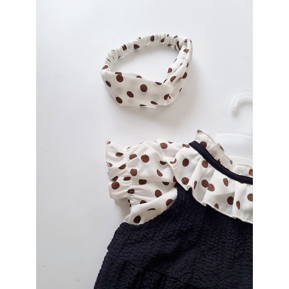 Body váy bé gái chấm bi đen 𝑻𝑨̣̆𝑵𝑮 𝑲𝑬̀𝑴 turban-Su Shop-Body thôi nôi-đầy tháng