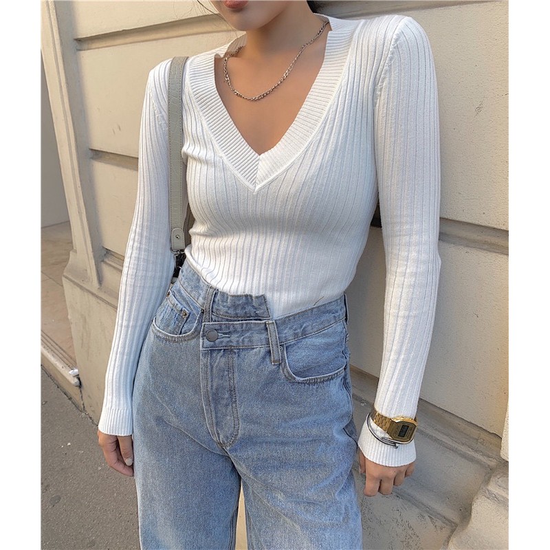 Áo len gân cao cấp cổ tim tay dài | BigBuy360 - bigbuy360.vn