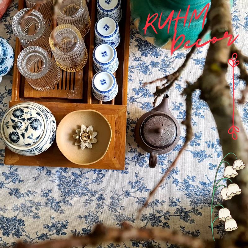 Khăn trải bàn ren hoa cổ điển họa tiết Hoa vintage xanh blue KB-B01