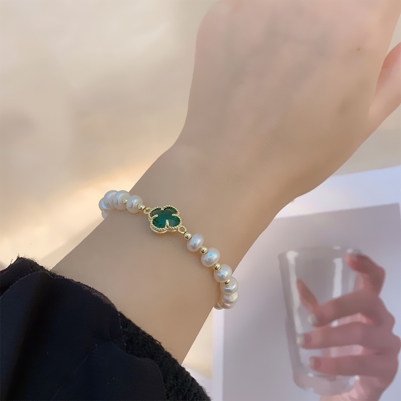 Lắc Tay Hạt Châu Charm Đá Cỏ 4 Lá - Vani Store [TS000597]