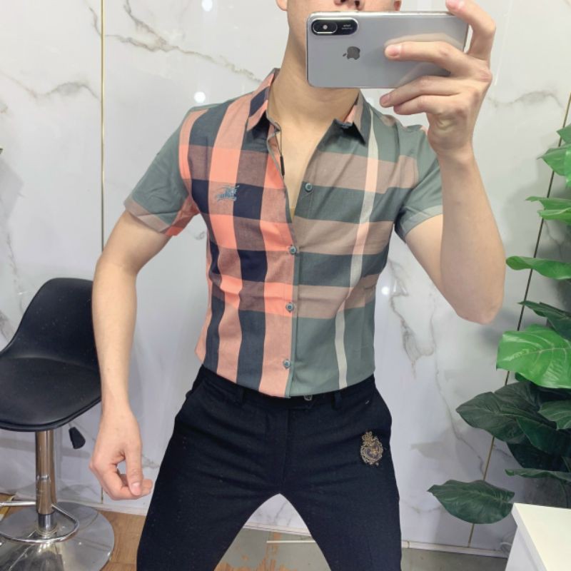 Sơ mi nam BBR tay ngắn kẻ nhiều màu caro chất liệu cotton thoáng mát thấm hút mồ hôi không phai màu
