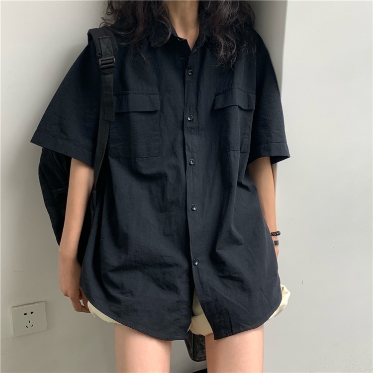 Áo sơ mi tay ngắn 2 túi màu trơn phong cách retro Hàn Quốc 5 màu 1hit_Unisex