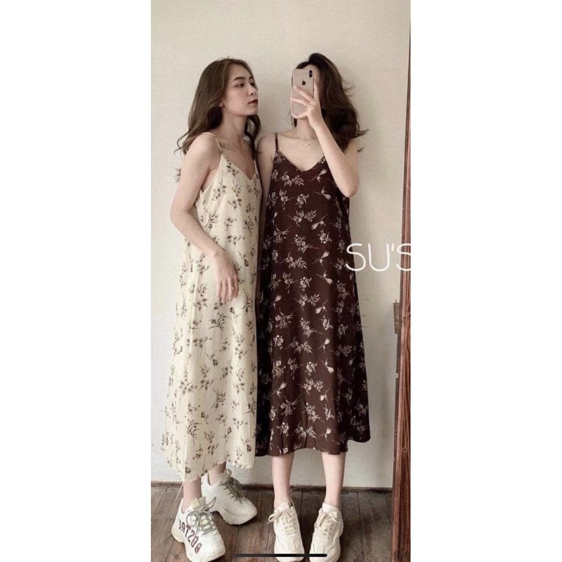 Đầm - Váy hai dây hoa cỏ hai màu Vintage