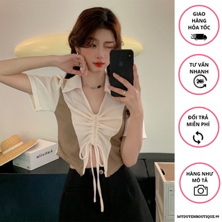 Áo croptop tay ngắn cổ V rút dây