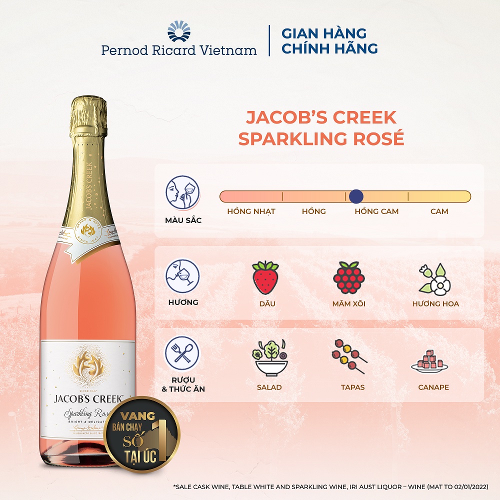 Rượu Jacob's Creek Sparkling Rosé Nồng Độ Alc 12.6%750ml  Không Kèm Hộp