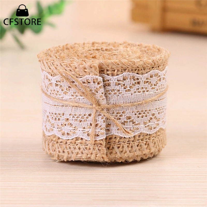 Cuộn băng trang trí bằng vải bố 2M viền ren trắng họa tiết đơn giản chuyên dụng cho trang trí thủ công mỹ nghệ