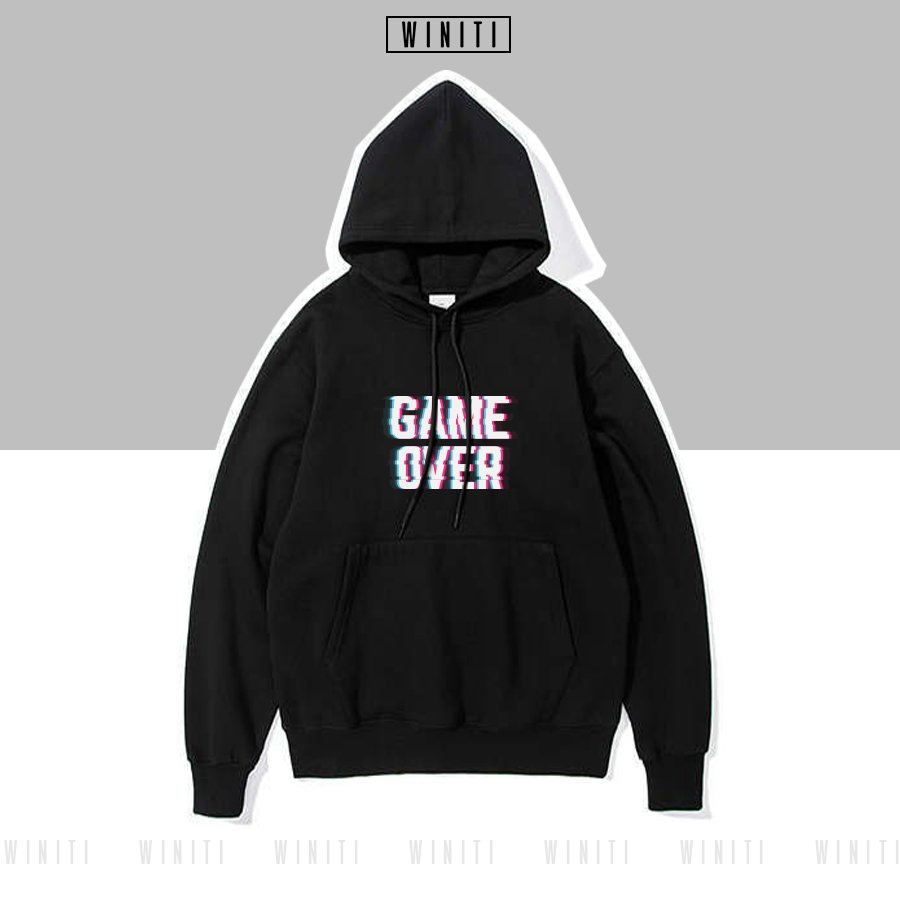 Áo Hoodies nam nữ nỉ bông cotton, form rộng dài tay freesize 40kg_65kg - In chữ Game Over Winiti
