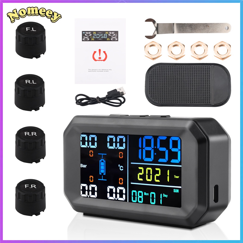 Hệ thống giám sát áp suất lốp TPMS - Sạc bằng năng lượng mặt trời, Đèn nền tự động và Màn hình LCD thông minh, Chế độ ngủ tự động, Màn hình LCD kỹ thuật số với đồng hồ, Cảnh báo an ninh tự động