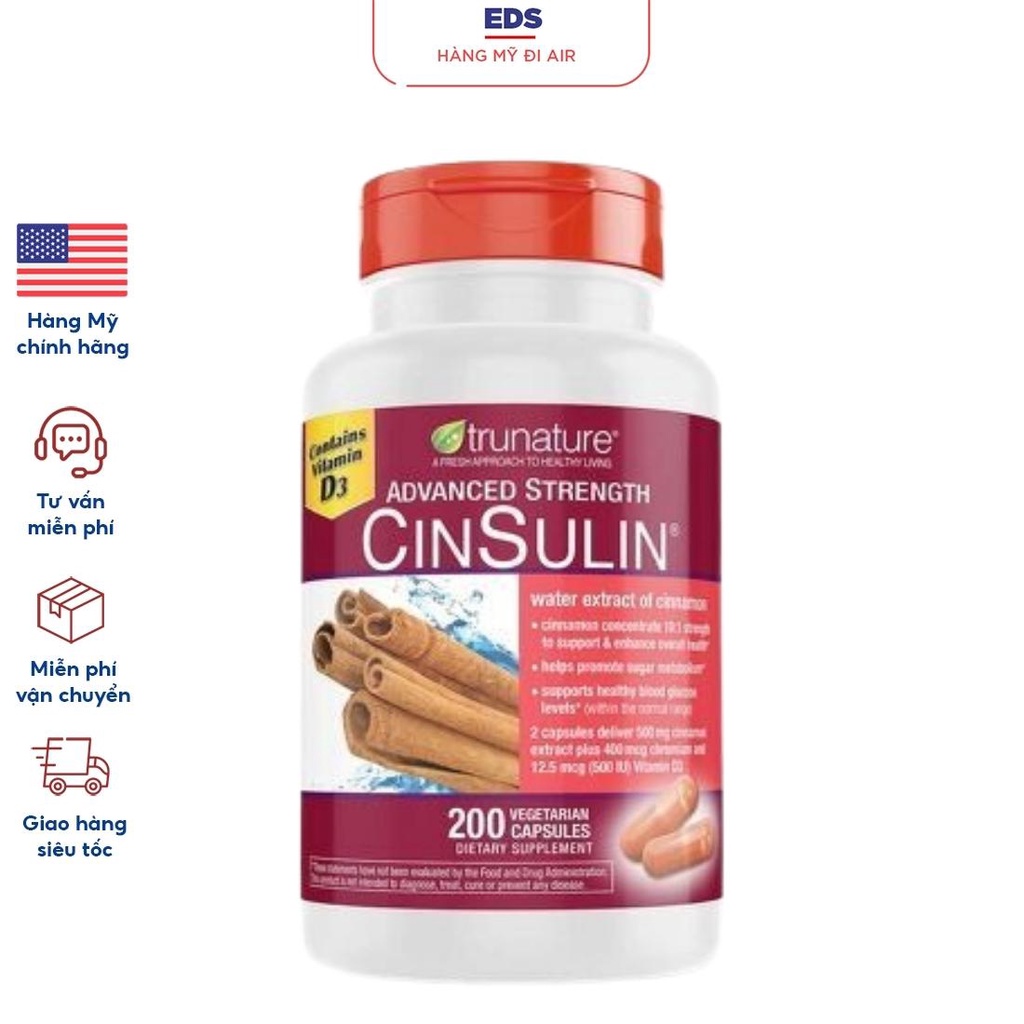 Viên uống hỗ trợ cân bằng đường huyết từ vỏ quế Trunature Advanced Strength CinSulin - EDS Hàng Mỹ