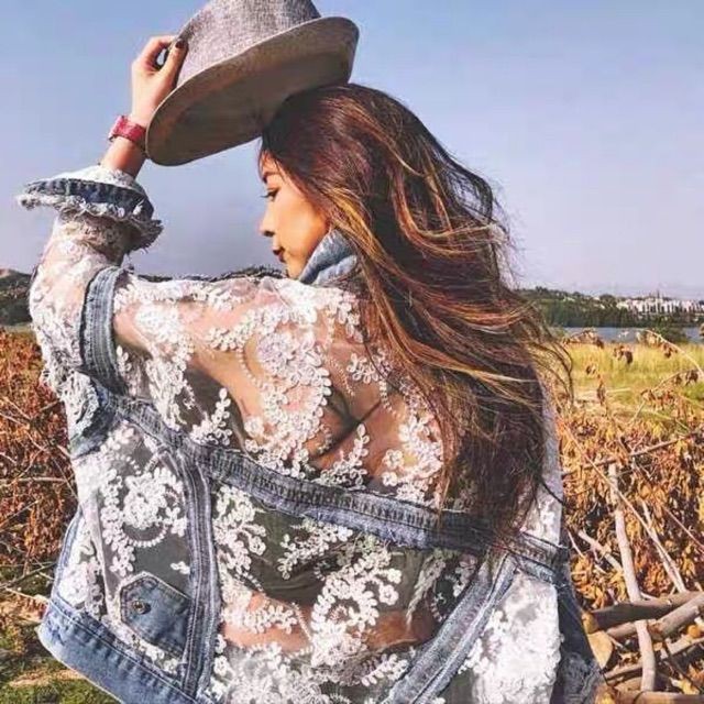 (ORDER) Áo khoác jeans phối ren siêu cá tính - Hàng Quảng Châu