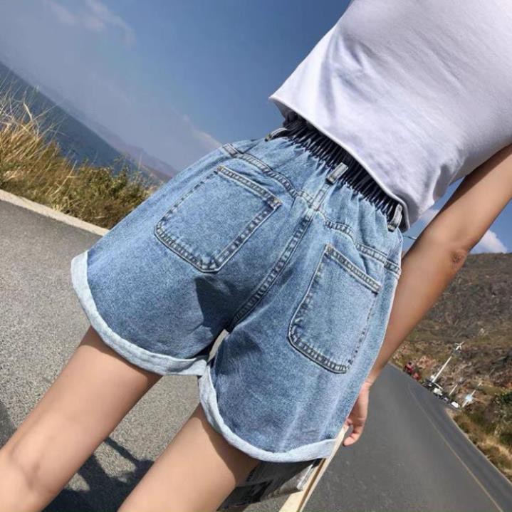 Quần Short Jean Lưng Thun, Quần Jean Đùi Nữ Ngắn Ống Rộng 2 Khuy Lưng Co Giãn Ulzzang, Labibi  ྇  ྇