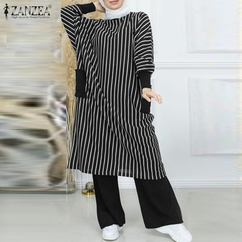ZANZEA Set Áo Tay Dài Kẻ Sọc Và Quần Dài Lưng Thun Thời Trang Cho Phụ Nữ Hồi Giáo