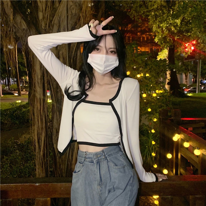 Set Áo Hai Dây + Áo Khoác Cardigan Tay Dài Chống Nắng Phong Cách Hàn Quốc Mới