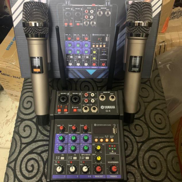 Bàn Mixer G4 livestream Thu Âm Karaoke được hỗ trợ màn hình LED có bluetooth 2 mic không dây Tiện Lợi