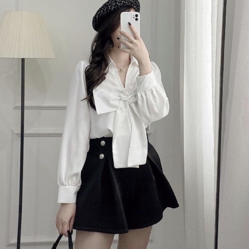 Áo sơ mi trắng tiểu thư kèm tag nơ siêu xịn xò