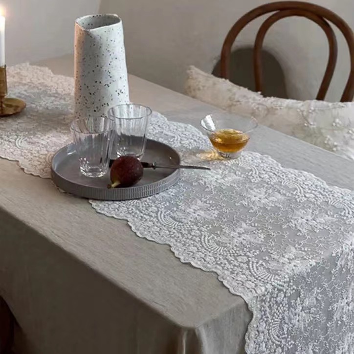 Khăn Trải Bàn Trang Trí Thêu Ren Ba Chiều Màu Trắng Phong Cách Pháp