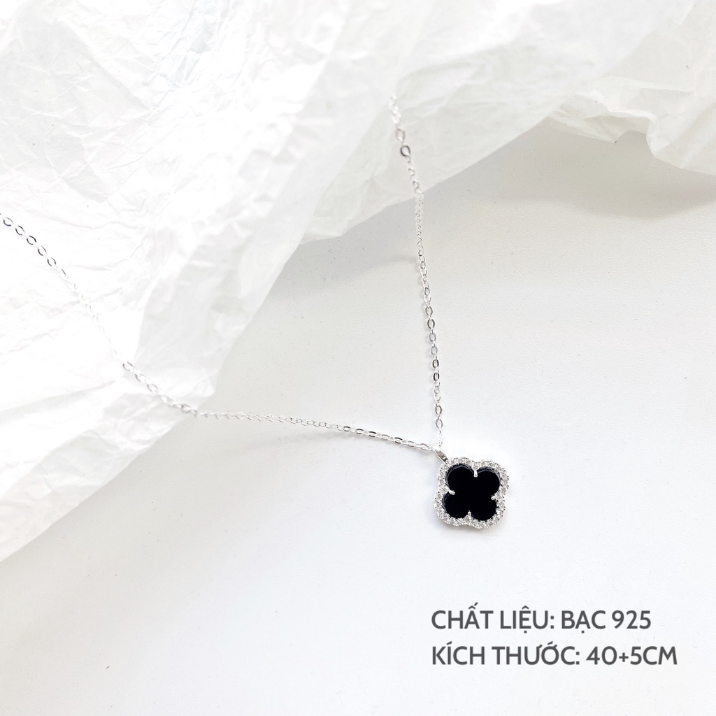 Dây chuyền nữ bạc 925 Miuu Silver, vòng cổ bạc nữ Cỏ 4 Lá đính đá đen Clover Necklace