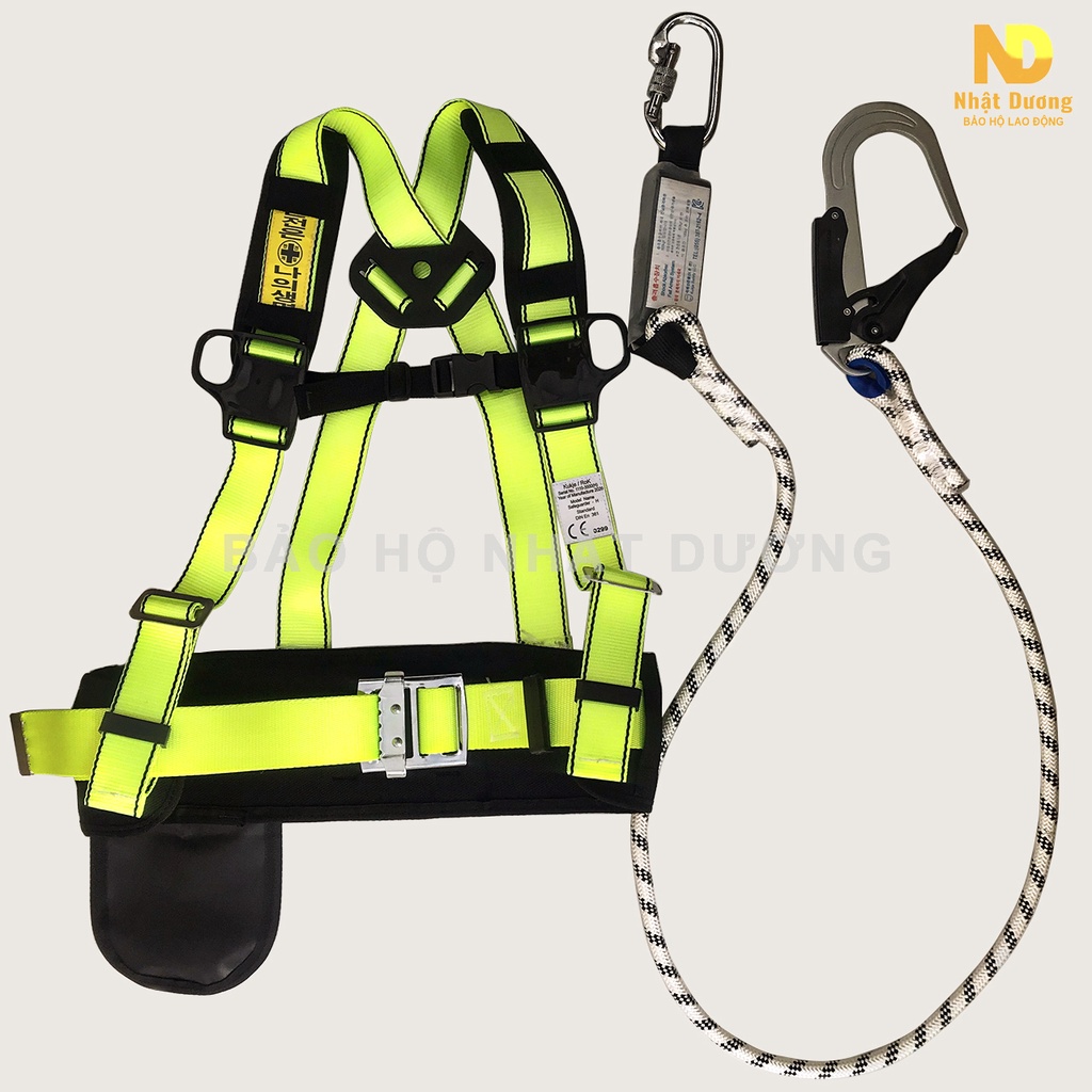 Dây đai an toàn bán thân móc thép có giảm xóc BT06, Dây bảo hộ lao động Nhật Dương có điệm lưng túi đựng