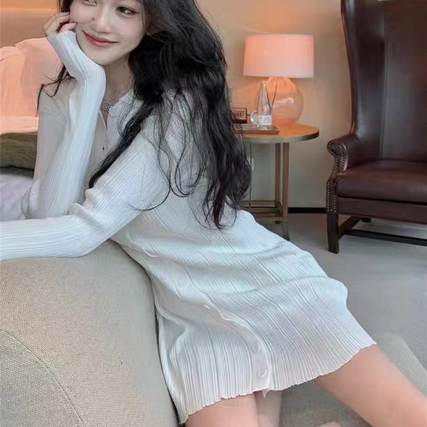 Đầm dệt kim SUXI tay dài cổ polo dáng ôm thời trang mùa thu xinh xắn cho nữ