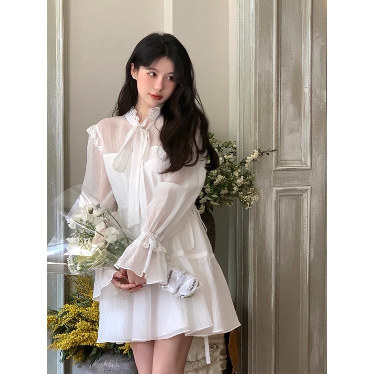 Váy babydoll trắng bèo vai thắt nơ dáng xòe ulzzang - Đầm trắng ren cổ dai tay ống loe