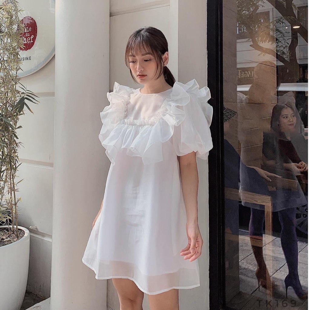 Đầm babydoll voan xốp bèo vuông tay phồng