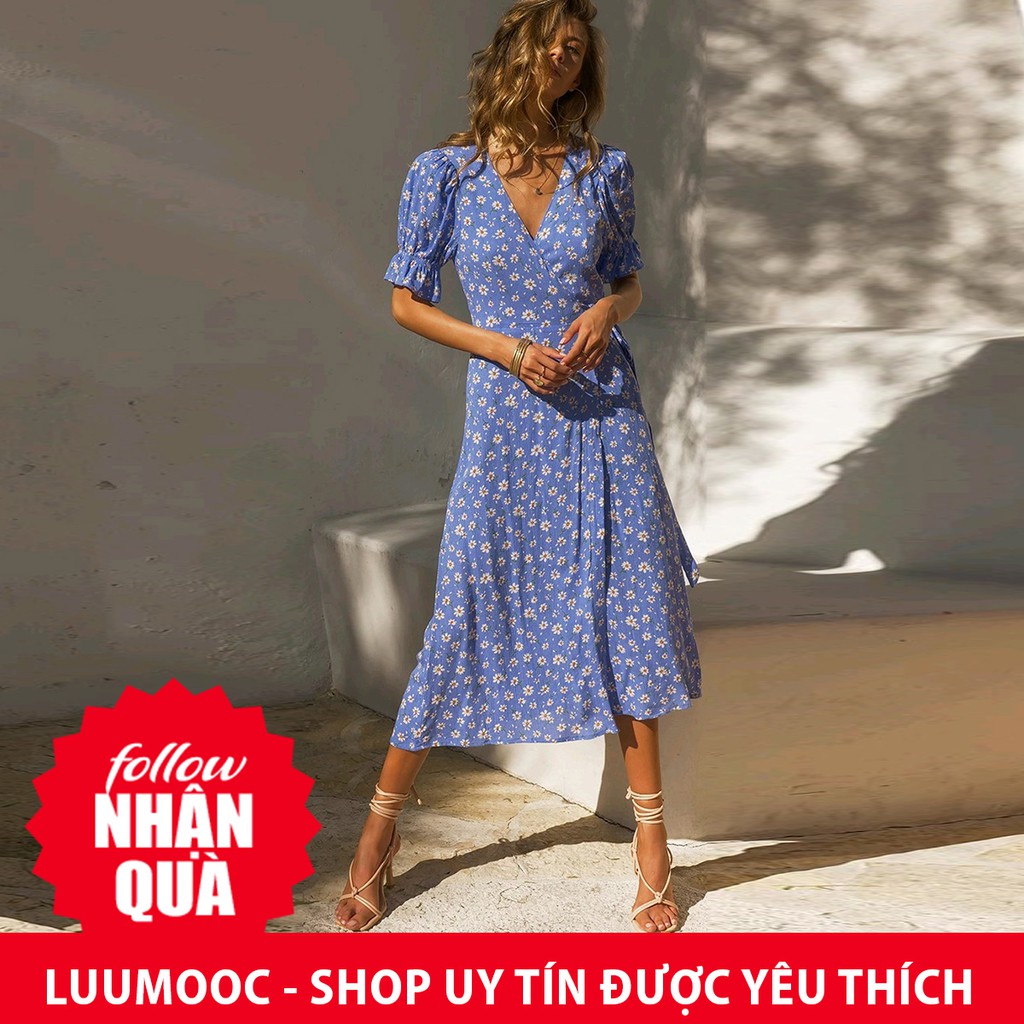 Đầm Zara hoa xanh vạt chéo mát đẹp DH4VCG54N10