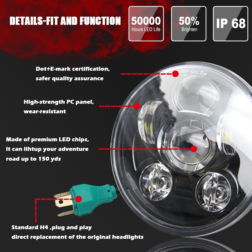 UNI-SHINE Hi/Lo 5-3/4'' DRL 5.75 Inch Black LED Headlight for V-Star XV003 MDS Motorcycle Lamp