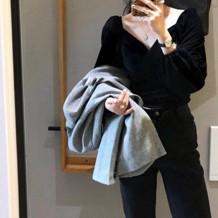 Áo nhung tay phồng cổ nhún