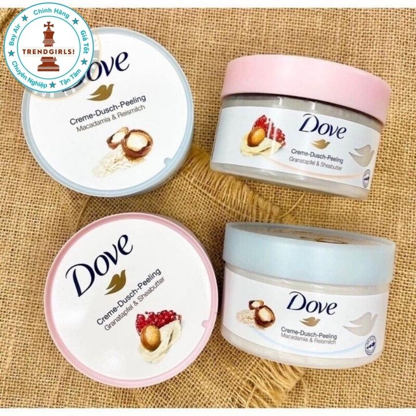 kem Tắm Tẩy tế bào chết body Dove Dusch Peeling 225ml của Đức với công thức kem siêu mịn và dưỡng ẩm sâu giúp da mịn