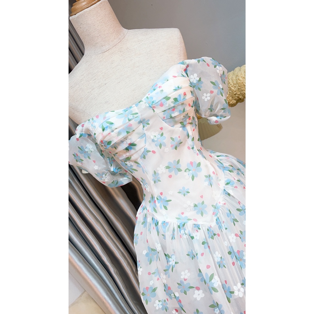 Đầm Hoa Xanh Cúp Ngực Cổ Vuông Dáng Ngắn Ht58 HaLuu Store