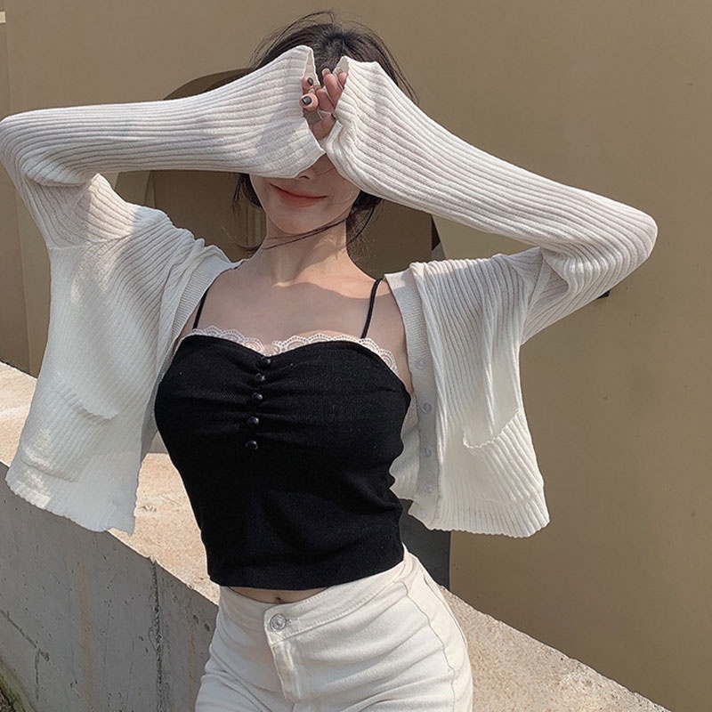 Áo hai dây YEYA dệt kim phối ren mỏng phong cách Pháp cho nữ