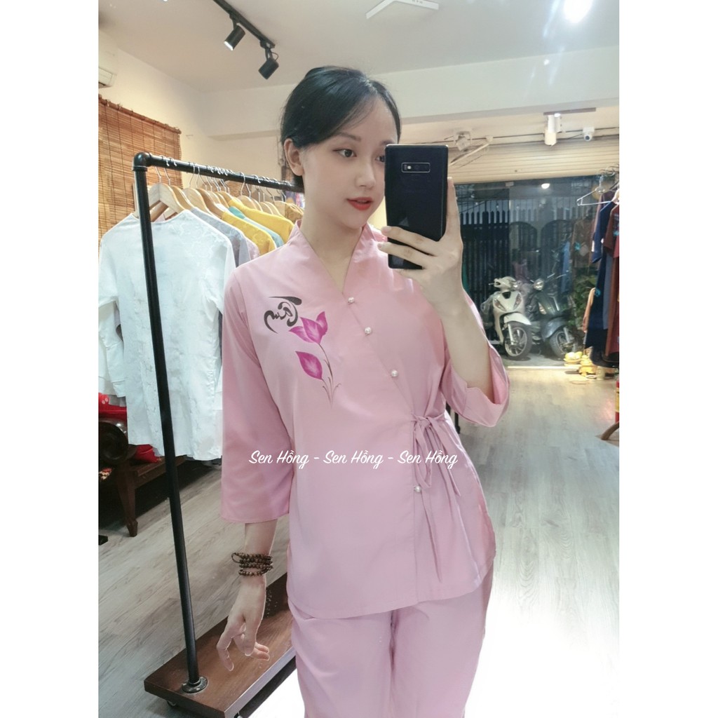 [Mã FATHANG5 giảm 10K đơn 50K] Bộ đồ lam cài chéo Nhật vẽ thư pháp - Quần áo Phật tử thời trang đi lễ chùa