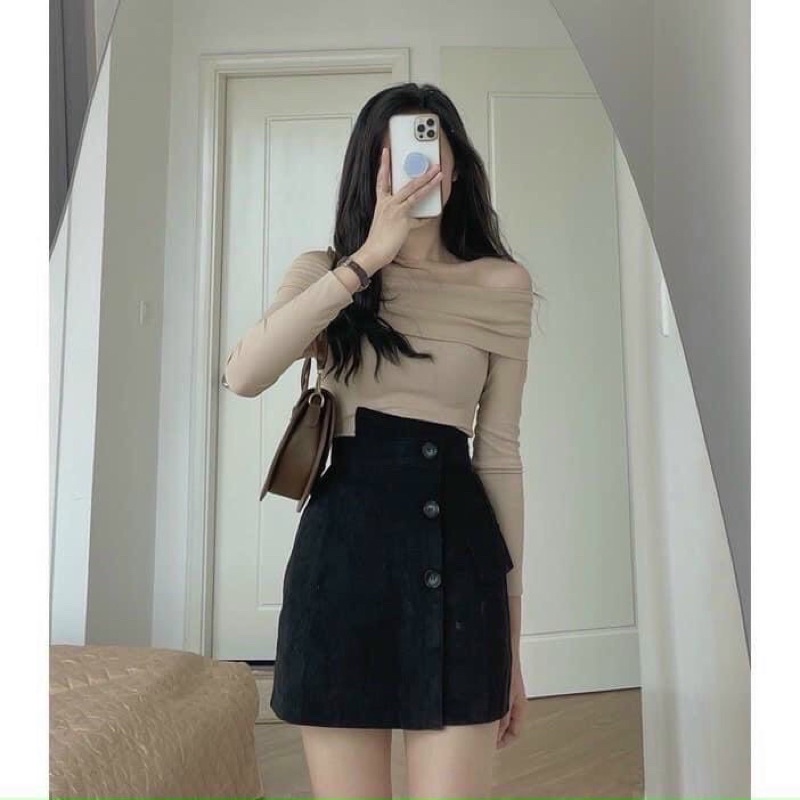 ( Hàng đẹp - dày dặn) Chân váy nhung tăm 3 khuy có lót trong