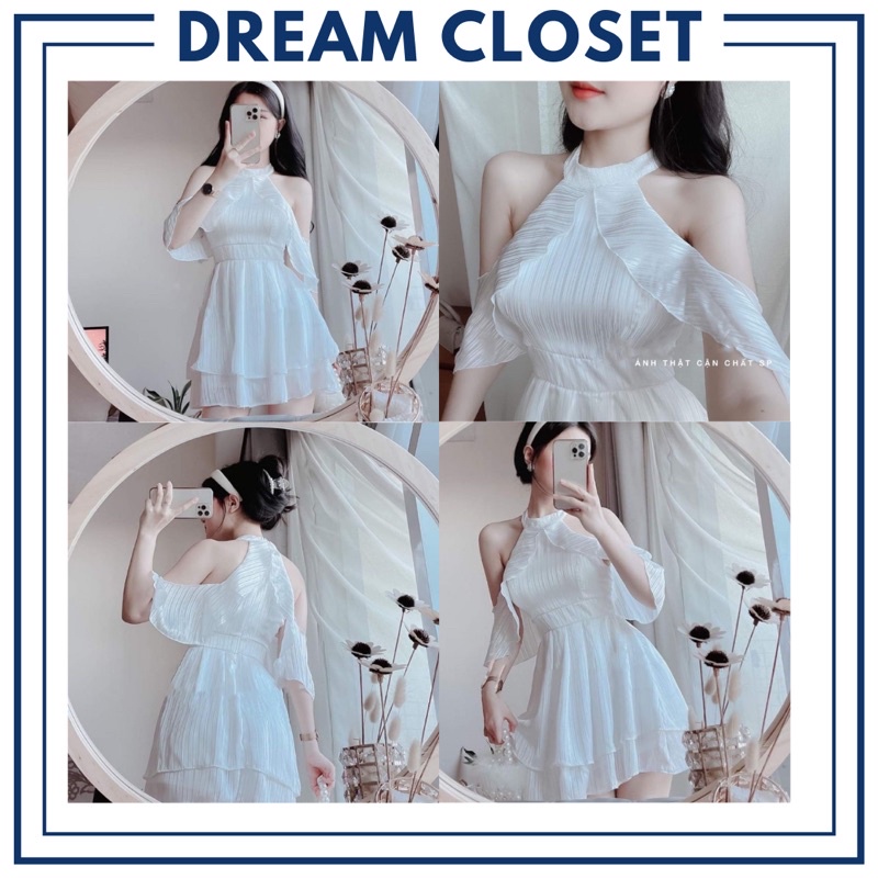 Đầm cổ yếm bèo tay cánh tiên sọc kim tuyến Mincy Dress