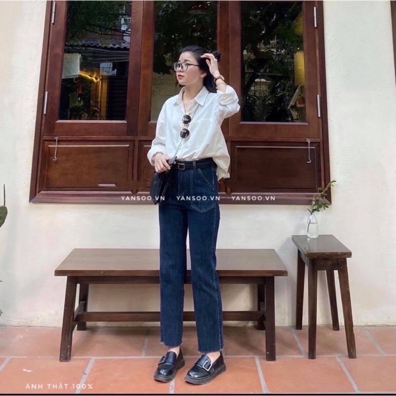 Quần jean ống đứng túi trước màu xanh nhạt cạp cao , quần bò ống đứng cắt gấu basic phong cách Hàn Quốc YANSOO