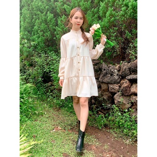 Đầm babydoll cổ sơ mi tay phồng dài
